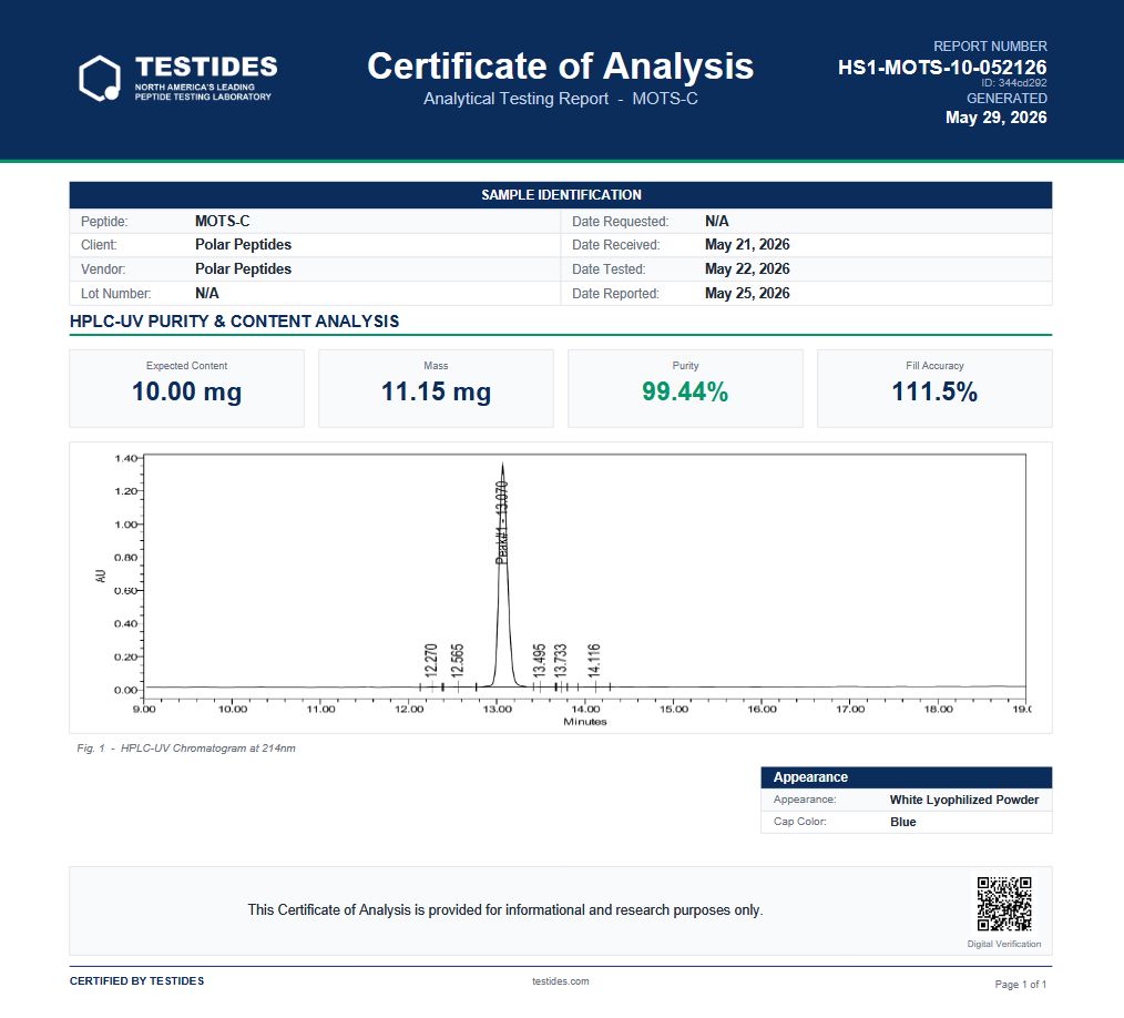 MOTS-c COA / lab report full image